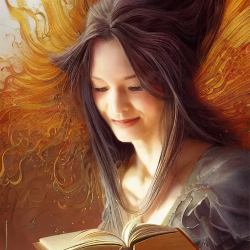 Image similar to a girl reading a book, her hair flowing down, by karol bak, ayami kojima, artgerm, smile, concept art, fantasy