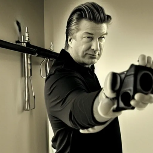 Prompt: picture of alec baldwin pointing a gun to the camera, sharp focus