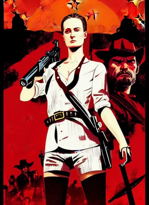 Prompt: a Red Dead Redemption poster of Evan Rachel Wood as Dolores, in the show Westworld, poster artwork by Michael Whelan and Tomer Hanuka, clean