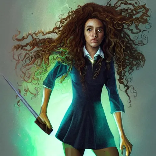 Image similar to full body portrait of hermione granger ( from harry potter ) as a dark hot witch, concept art, green magic, hyper detailed, art station, fantasy art, illustration, dark lighting by mark brooks