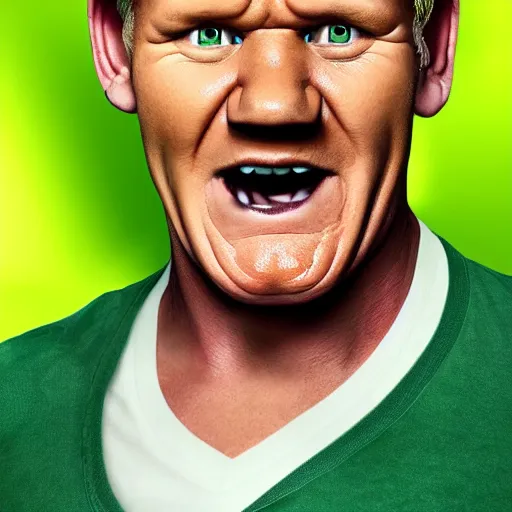 Prompt: Gordon Ramsay transforms into the Hulk, 4k, stock photo, realistic, full body