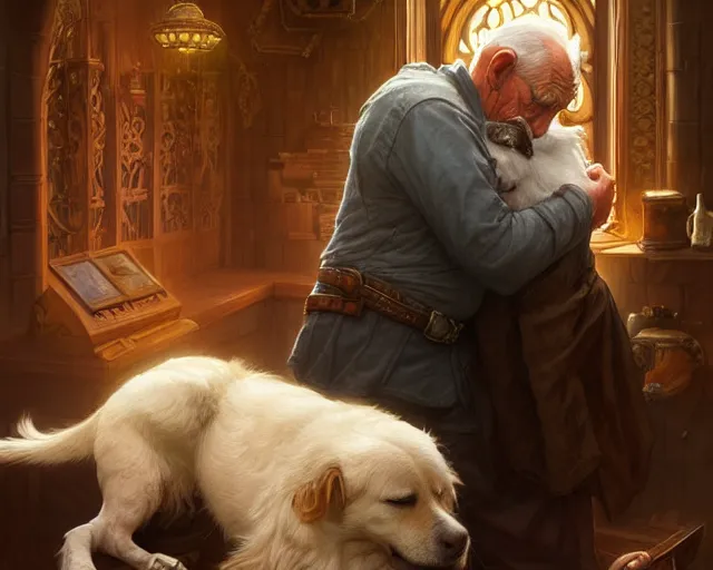 Image similar to old man hugging an old dog, deep focus, d & d, fantasy, intricate, elegant, highly detailed, digital painting, artstation, concept art, matte, sharp focus, illustration, hearthstone, art by artgerm and greg rutkowski and alphonse mucha