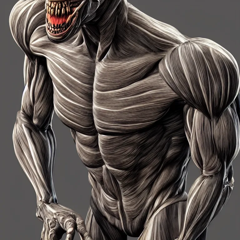 Image similar to monster with gleaming eyes, anatomically accurate model of the full human muscular system, full body, intricate parts, fine details, hyper - realistic