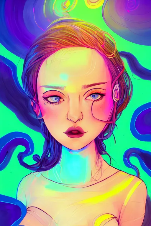 Image similar to a award winning portrait of a beautiful woman with stunning eyes in a one off shoulder croptop and cargo pants with rainbow colored hair, outlined by whirling illuminated neon lines and fine lines swirling in circles by lois van baarle, digital art, trending on artstation