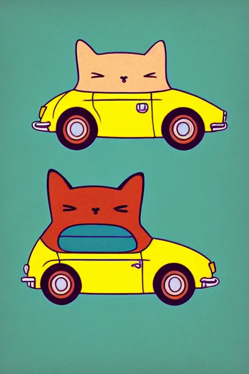 Prompt: by richard scarry. a cat shaped car. a 1 9 5 0 s retro illustration. studio ghibli. muted colors, detailed