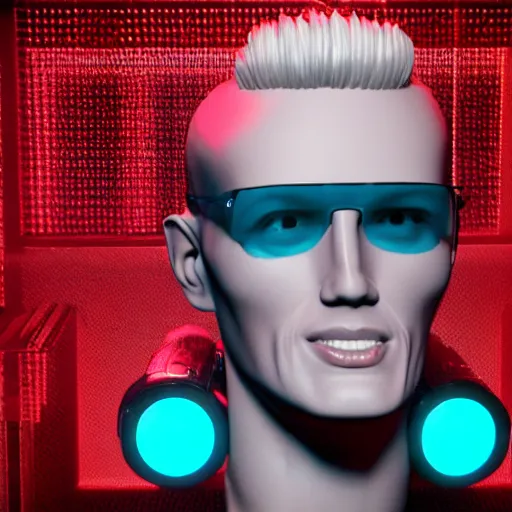 Image similar to a 3 d render of max headroom on tv, octane render, unreal engine, hyperrealism, 8 k, trending on artstation, ultra detailed, volumetric lighting, dramatic lighting, lasers, neon