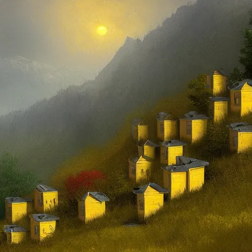 Prompt: a mountain full of many little yellow houses, digital art, trending on artstation, HDR, by Albert Bierstadt