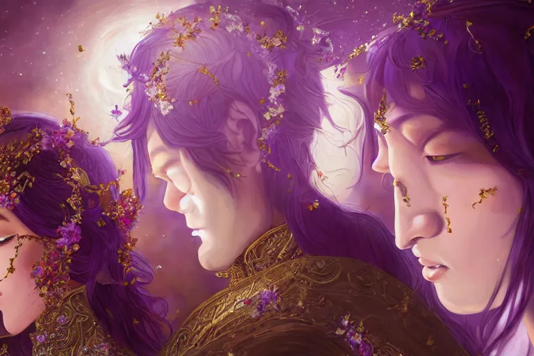 Image similar to a cinematic portrait of wedding photograph jpeg close up moment of a divine a japan sun god and moon goddess lovers magician at a wedding banquet. portraiture. digital painting. artstation. concept art. fantasy wedding photo. digital painting, 8 k realistic, hyper detailed, violet evergarden art masterpiece by art by krenz cushart