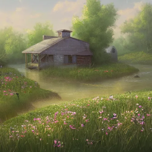 Prompt: a matte painting of a prairie, cottage close up, river, overgrown, patchy flowers, oil painting, pale colors, high detail, 8 k, wide angle, trending on artstation,