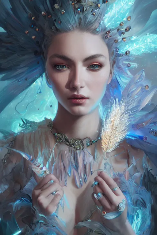 Image similar to beautiful model wearing crystal feathers, diamonds, angel, fantasy, dramatic lighting, highly detailed, digital painting, holding electricity, magic the gathering, hyper detailed, 3 d render, hyper realistic detailed portrait, peter mohrbacher, wlop, ruan jia