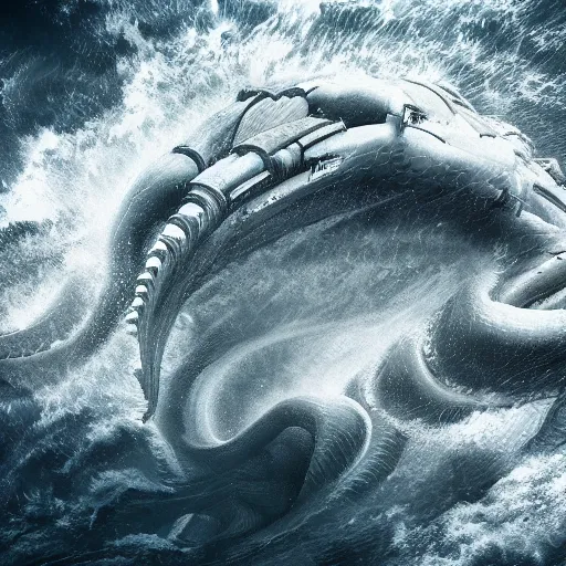 Image similar to top down view of an alien sea serpent emerging from a deep ocean during a storm, cinematic lighting, dramatic, masterpiece, trending on artstation