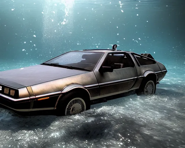 Prompt: delorean submerged under water, cinematic, photoreal, by red dead redemption 2