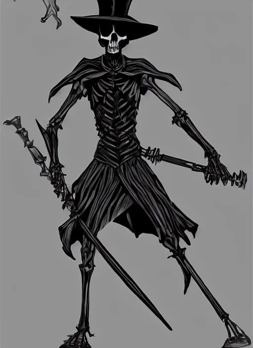 Prompt: DND character art, skeletal male figure, wearing a deep black suit!!! and tie and top hat, holding a gold! cane!, blue flames!!