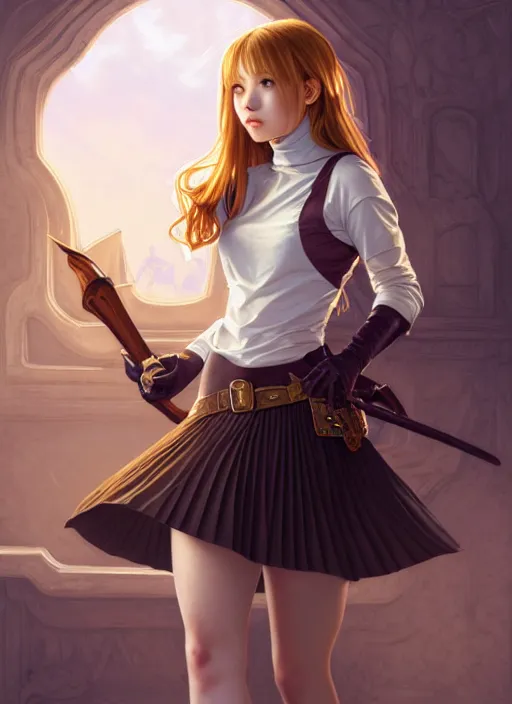 Image similar to portrait of a full body of beautiful young female detective, d & d, sleeveless turtleneck, pleated skirt, fantasy, flat lighting, intricate, highly detailed, digital painting, artstation, concept art, smooth, sharp focus, illustration, misa amane, art by simon bisley and greg rutkowski and alphonse mucha, natural tpose