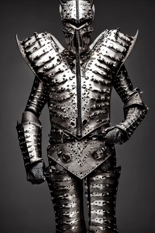 Image similar to very ashamed and angry demon envoked by louis vuitton for modeling in louis vuitton armor, luxury materials, symmetrical, cinematic, elegant, professional studio light, real dlsr photography, sharp focus, 4 k, ultra hd, sense of awe, high fashion