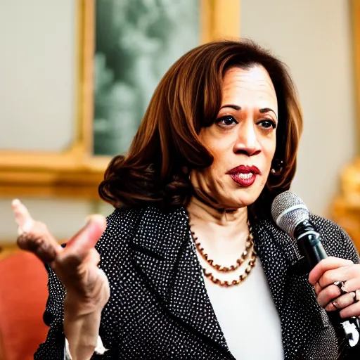 Image similar to disney cruella devilla being acted by kamala harris, 8 k, professional photography, cinematic shot, dark, smoke