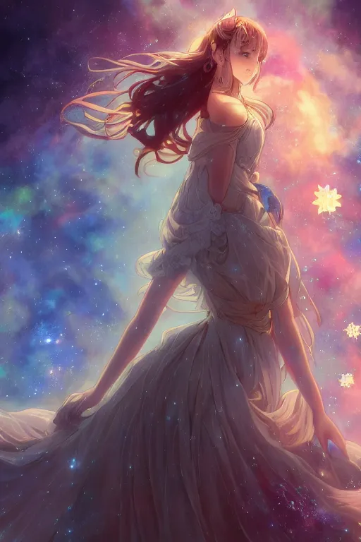 Image similar to anime key visual of a beautiful girl wearing a dress made of stars and nebulae, dramatic, volumetric lighting, planets in the background, intricate, magical forest, stunning, highly detailed, digital painting, artstation, smooth, hard focus, illustration, art by artgerm and greg rutkowski and alphonse mucha