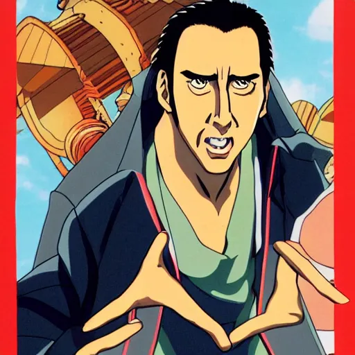 Image similar to nic cage as an anime protagonist, illustration from an animation cell