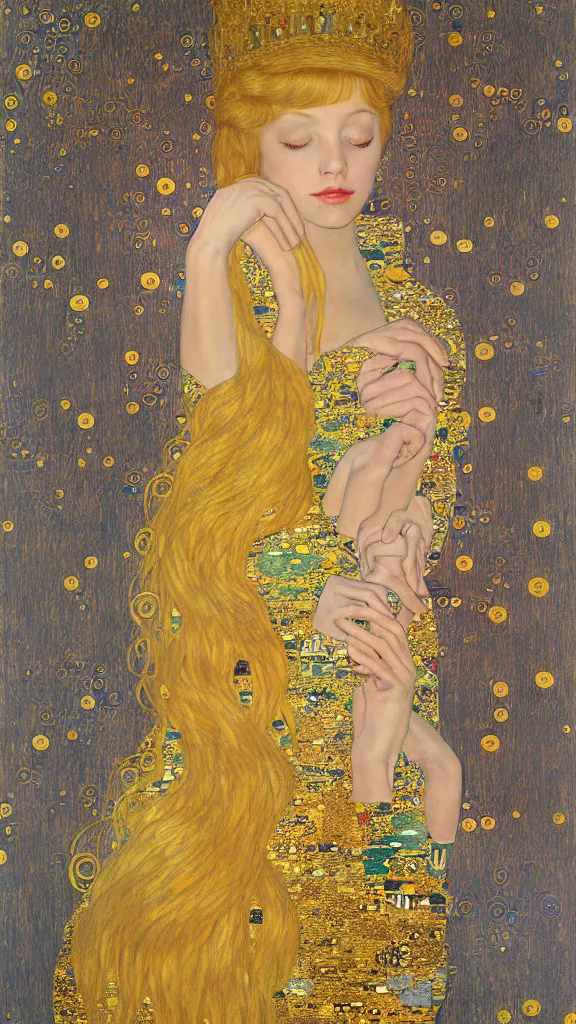 Prompt: a soft and breathtaking detailed painting of a full body sleeping blonde princess in the style of gustav klimt, blonde hair, shiny gold, elegant, highly detailed, artstation, fluo colors, concept art, matte, sharp focus, art by gustav klimt