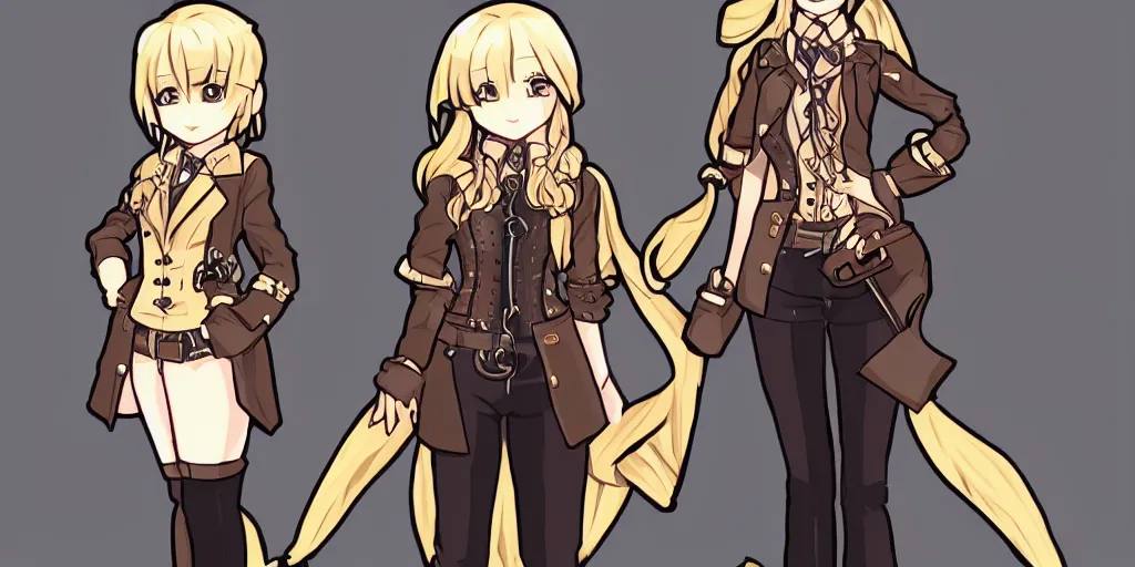 Image similar to visual novel character sprite of a blonde haired steampunk detective girl, 2 d,