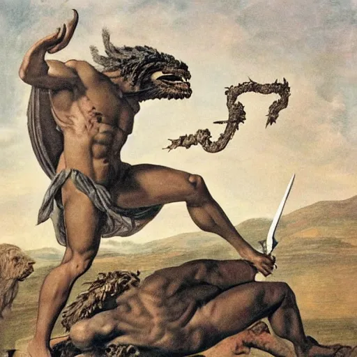 Prompt: The conceptual art depicts the mythical hero Hercules in the moments after he has completed one of his twelve labors, the killing of the Hydra. Hercules is shown standing over the dead Hydra, his body covered in blood and his right hand still clutching the sword that slew the beast. His face is expressionless, betraying neither the exhaustion nor the triumph that must surely accompany such a feat. Moulin Rouge!, x-ray photography by Jakub Rozalski relaxed, weary