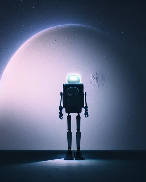 Image similar to a robot standing in front of a glowy open door that's on a barren moon, poster art by mike winkelmann, trending on cg society, space art, sci - fi, ue 5, futuristic, volumetric lighting, light casting onto the ground, neat composition and camera angle