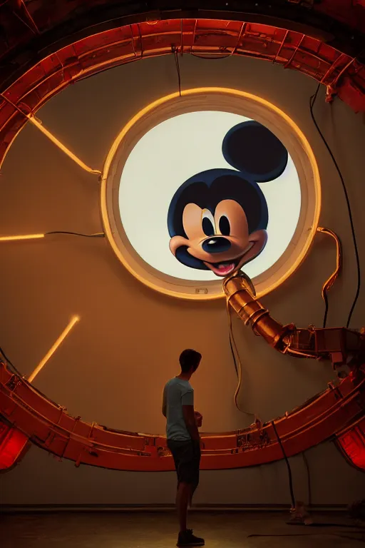 Prompt: repairing huge mickey mouse head done by constructors / workers / mechanics in some facility, big glowing netflix logo behind, greg rutkowski, beeple, gilleard, alphonse mucha cgsociety, unreal engine, octane render, highly detailed 4 k art, smooth, sharp focus, cinematic lighting, volumetric lighting, artstation,