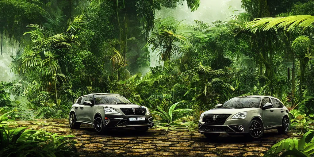 Image similar to Amazonian jungle with tropical plants and leaves falling from tree and a Cupra car placed in the center of the frame , unreal 5, hyperrealistic, realistic, photorealistic, dynamic lighting, highly detailed, cinematic landscape, studio landscape, studio lighting