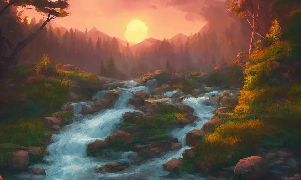 Prompt: forest valley landscape with river and waterfalls in the sunset, magic fantasy, digital art, highly detailed, trending on artstation, by sylvain sarrailh