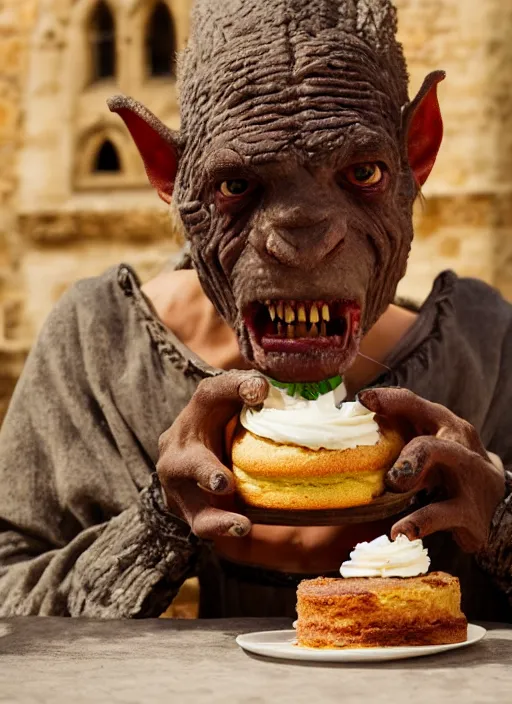 Image similar to closeup portrait of a medieval goblin eating cakes in the cloisters, depth of field, zeiss lens, detailed, symmetrical, centered, fashion photoshoot, by Annie Leibovitz and Steve McCurry, David Lazar, Jimmy Nelsson, Breathtaking, 8k resolution, extremely detailed, beautiful, establishing shot, artistic, hyperrealistic, beautiful face, octane render