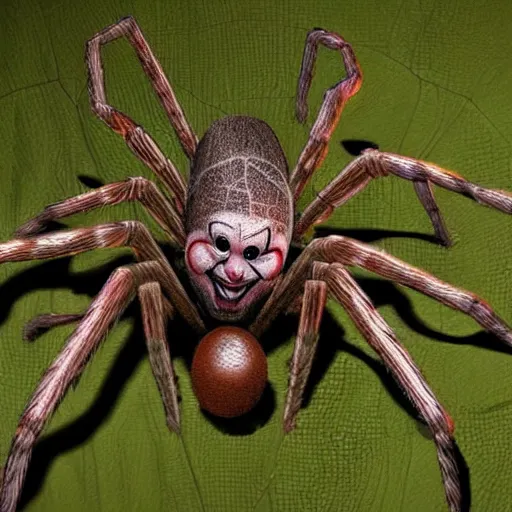 Image similar to trailcam footage of giant spider pennywise, night, creepy, grainy footage