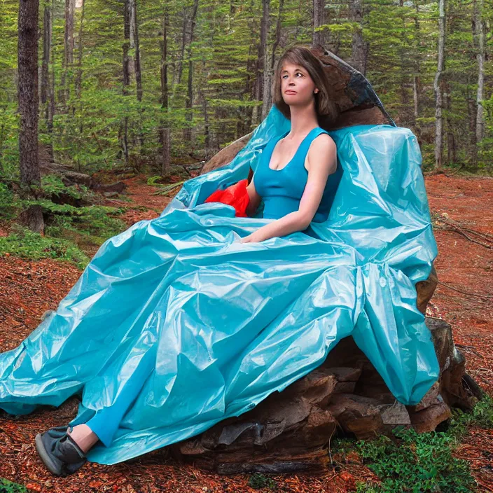 Image similar to a color photograph, closeup portrait of a woman wrapped in plastic, sitting in a plastic throne, in acadia national park in maine, color photograph, by vincent desiderio, canon eos c 3 0 0, ƒ 1. 8, 3 5 mm, 8 k, medium - format print