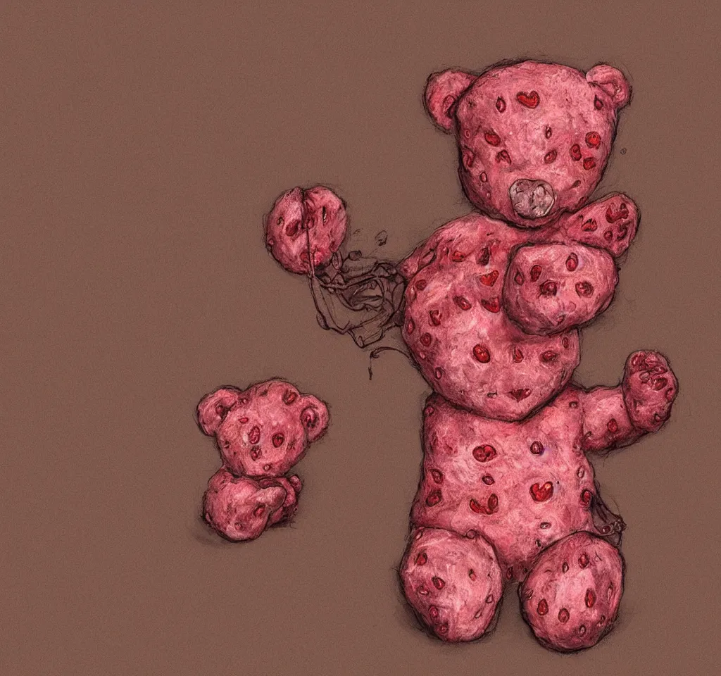 Image similar to digital art hyper realism body horror studio lighting strawberry teddy bear