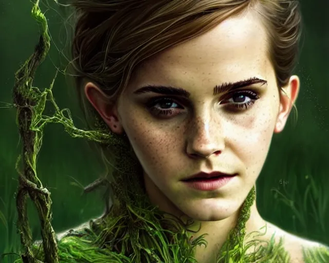 Image similar to mindblowing portrait of emma watson as a swamp witch, green colored skin!!, messy hair, deep focus, d & d, fantasy, intricate, elegant, highly detailed, digital painting, artstation, concept art, matte, sharp, illustration, hearthstone, art by artgerm and greg rutkowski and alphonse mucha