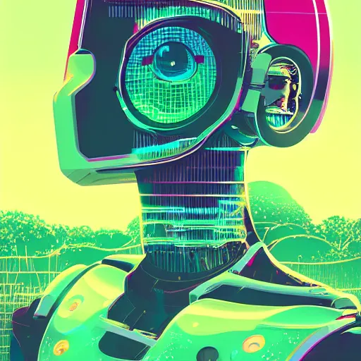 Image similar to a graph - style woman walking across a lush green field, a huge robot head in front of her, cyberpunk art by by james gilleard, cgsociety, retrofuturism, synthwave, retrowave, outrun