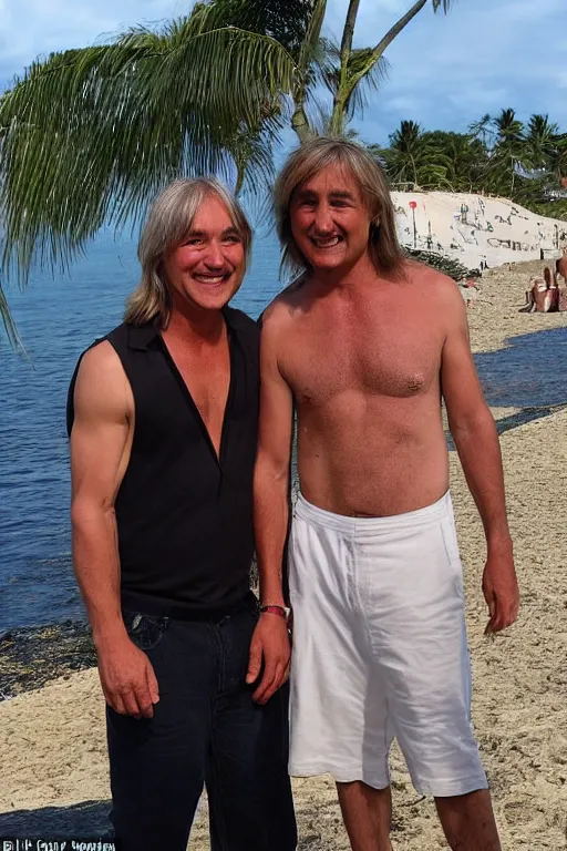 Prompt: Braco the gazer is on the beach, standing beside him is another man who is heavy built and who has short thick black hair with a receding hair line, laughing
