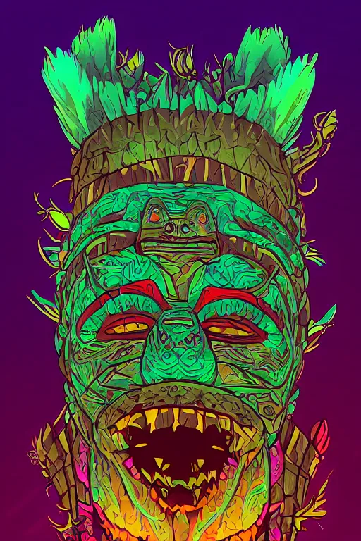 Image similar to totem animal mask tribal feather gemstone plant wood rock shaman vodoo video game vector illustration vivid multicolor borderlands comics by josan gonzales and dan mumford radiating a glowing aura