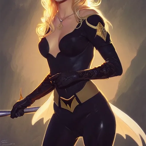 Prompt: Odette Annable with blonde hair as Bat Girl, western, D&D, fantasy, intricate, elegant, highly detailed, digital painting, artstation, concept art, matte, sharp focus, illustration, art by Artgerm and Greg Rutkowski and Alphonse Mucha