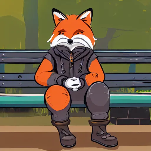 Prompt: a manly anthropomorphic fox wearing streetwear, sitting on a bench in a park, furry art, furaffinity, character design, 4k