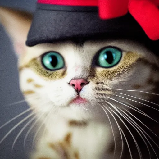 Prompt: a highly detailed portrait of a cute kitty cat wearing a little top hat, cute, adorable, wholesome, highly detailed, 4 k, 8 k, photorealistic