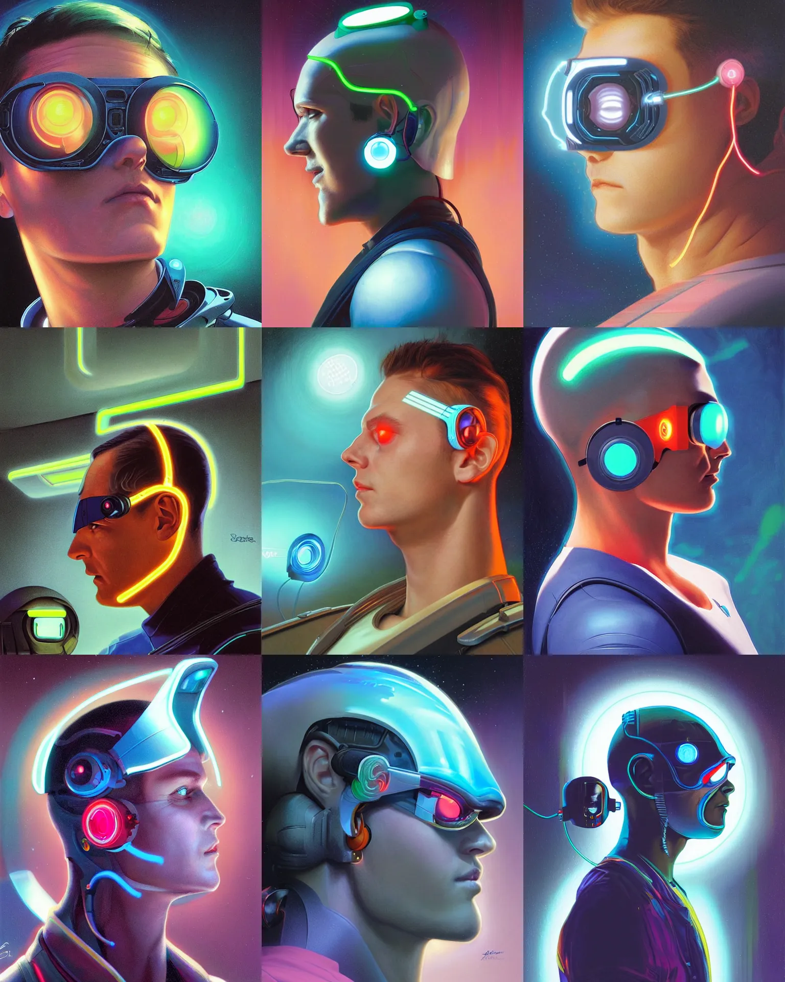 Prompt: side view future coder man, sleek cyclops display over eyes and glowing headset, neon accents, holographic colors, desaturated headshot portrait digital painting by donoto giancola, dean cornwall, rhads, john berkey, tom whalen, alex grey, alphonse mucha, astronaut cyberpunk electric lights profile