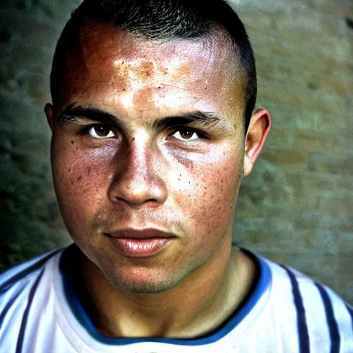 Prompt: real ronaldo head and shoulders portrait by steve mccurry, small smile, year 2 0 0 0