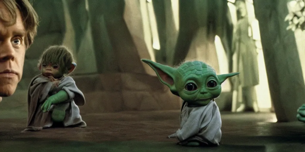 Image similar to screenshot of Luke Skywalker teaching baby yoda Grogu in a Jedi Temple, 1970s thriller by Stanely Kubrick film, color kodak, ektochrome, anamorphic lenses, detailed faces, moody cinematography