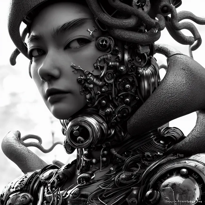 Image similar to a vertical portrait of a character in a scenic environment by nihei tsutomu, black and white, dreamy, steampunk bioarmor, highly detailed, 3 d render, vray, octane, realistic lighting