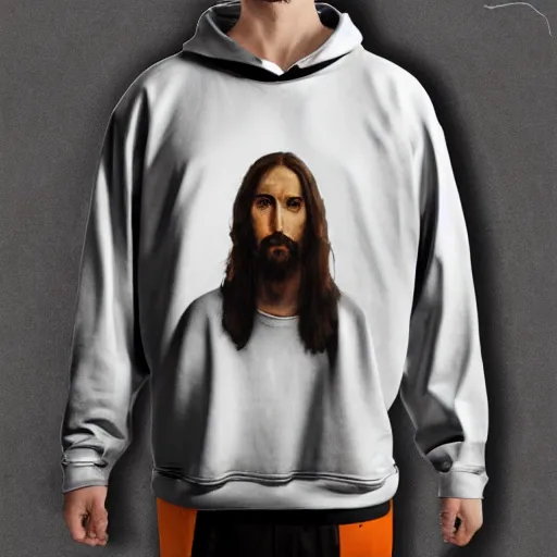 Image similar to jesus portrait in virgil abloh hoodie streetwear by nicola samori, off - white style
