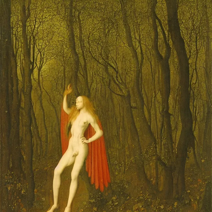 Prompt: a harpy in a foggy forest, by Jan van Eyck