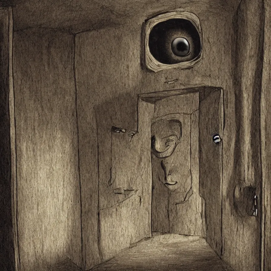 Prompt: an intelligent room that is aware of everything inside it, the room has eyes, appendages, and a mouth. there are scared prisoners inside the intelligent room