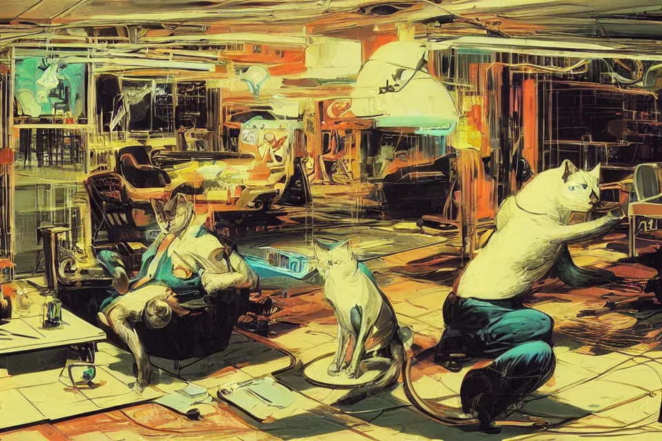 Prompt: cat sitting in a neon basement john kricfalusi and syd mead