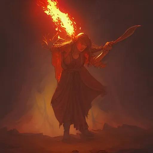 Image similar to a pyromancer is playing with fire , medium level shot , epic scene, Mucha style , Grim fantasy, illustration ,concept art,