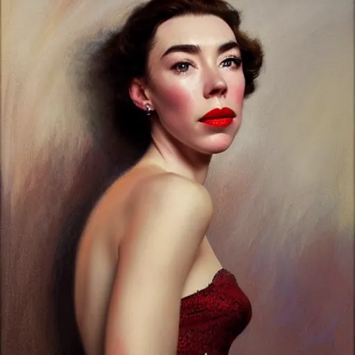 Image similar to vanessa kirby as dark - haired 1 9 5 0 s goddess, a beautiful closeup oil painting, she has tears running down her face, wet lips, perfect eyes, insanely detailed, elegant, by wlop, rutkowski, livia prima, mucha,